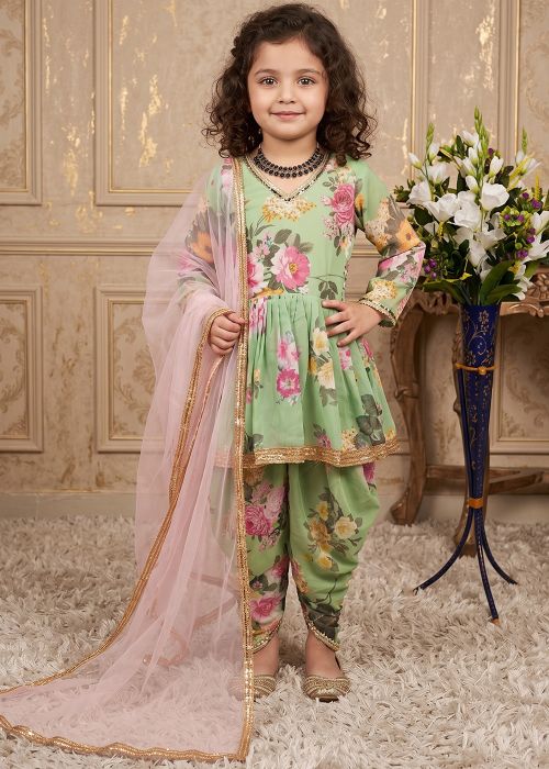 Kids Mint Green Floral Print Punjabi Suit