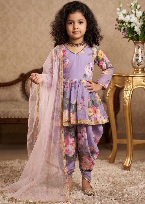 Kids Lavender Georgette Punjabi Suit With Floral Print