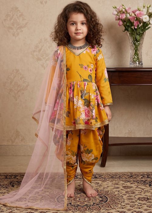 Mustard Yellow Floral Georgette Kids Punjabi Suit