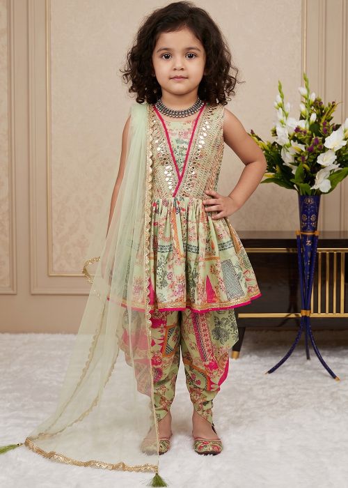 Pastel Green Kids Punjabi Suit With Digital Print