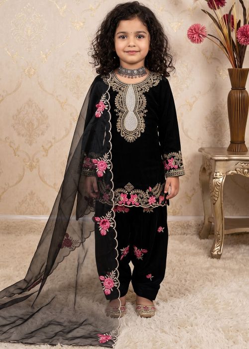Black Embroidered Crape Kids Punjabi Suit