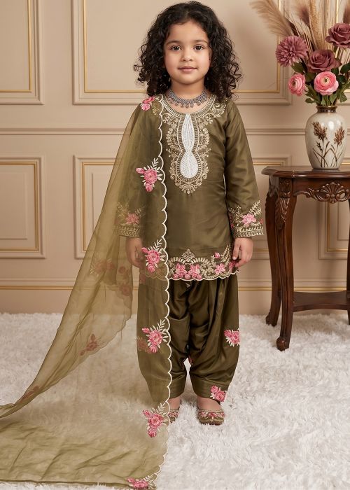 Green Thread Embroidered Kids Dhoti Suit