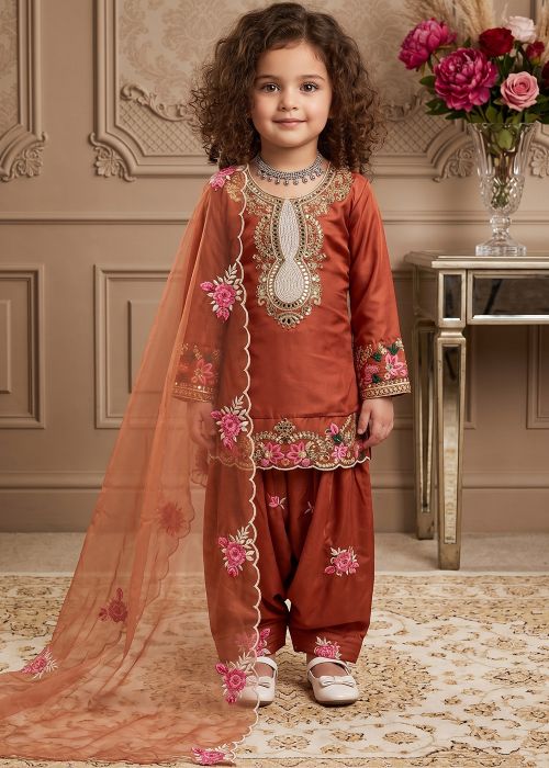 Rust Orange Floral Embroidered Kids Dhoti Suit