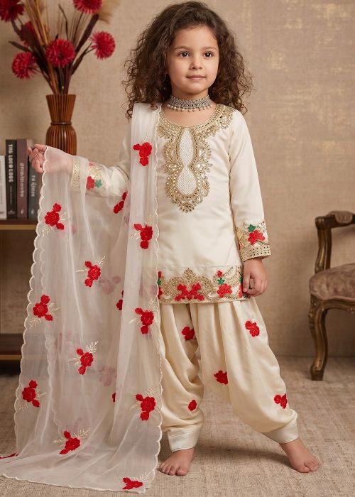 White Floral Embroidered Kids Dhoti Suit