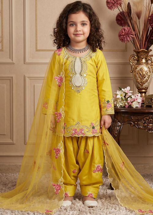 Yellow Embroidered Kids Punjabi Set