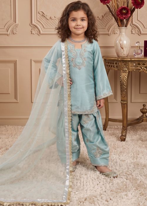 Sky Blue Zari Work Kids Patiala Suit
