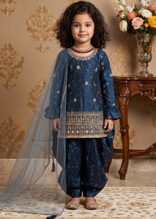 Navy Blue Zari Work Kids Dhoti Suit