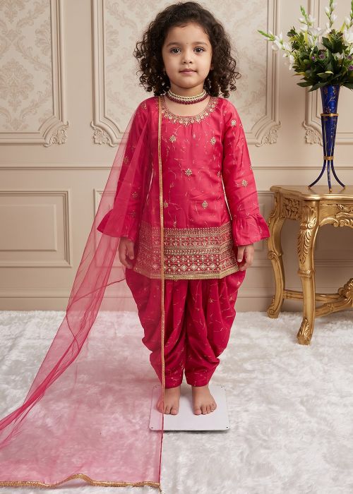 Pink Chiffon Kids Dhoti Suit With Zari Work