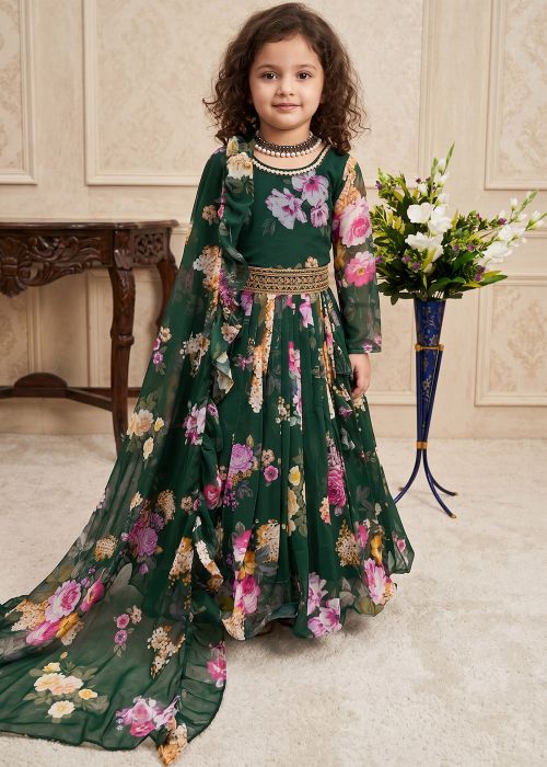 Green Floral Print Kids Anarkali Suit