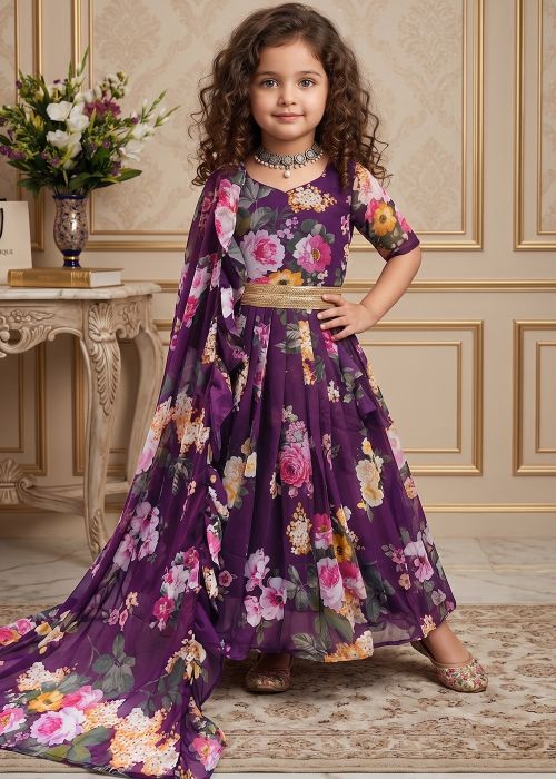 Purple Floral Print Kids Anarkali Suit