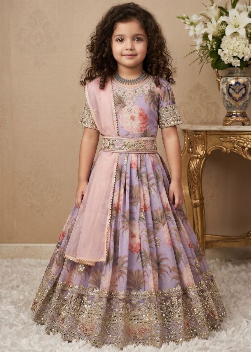 Lavender Floral Kids Anarkali Suit Set
