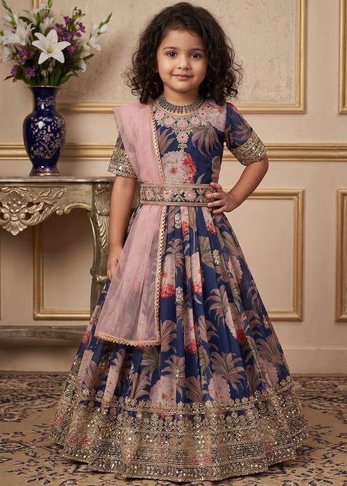 Navy Blue Floral Embroidered Kids Anarkali Suit