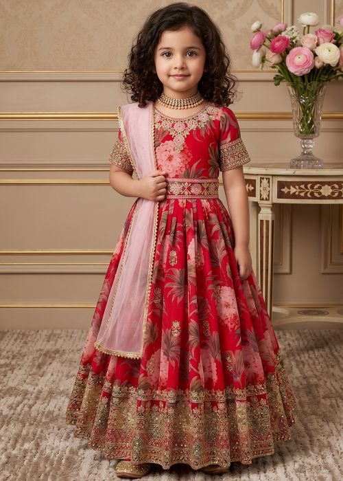 Red Floral Print Kids Anarkali Suit