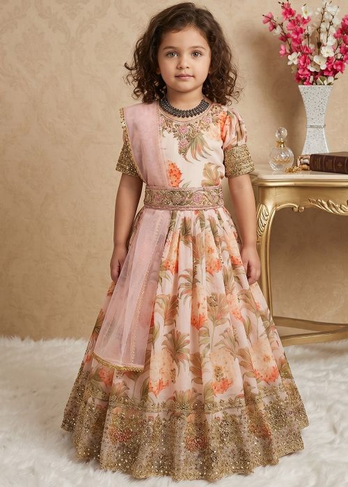 Off White Floral Kids Anarkali Suit Set