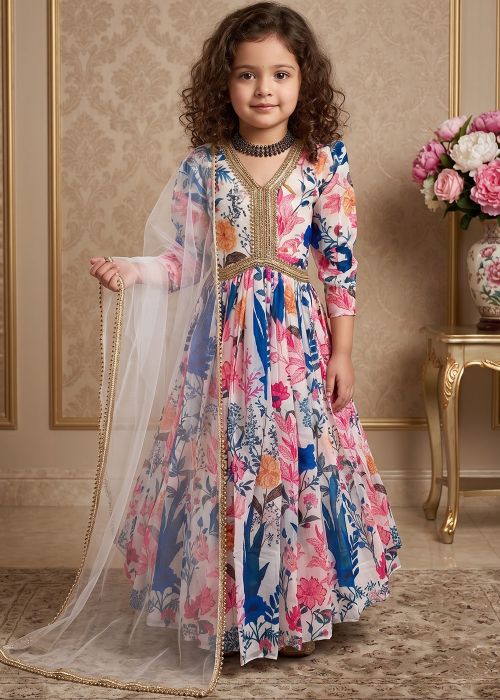 Multicolor Kids Anarkali Suit With Floral Print