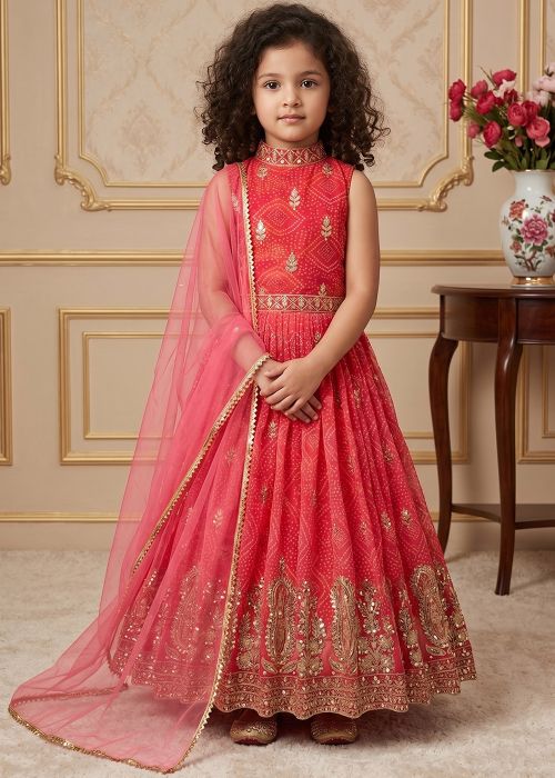 Pink Kids Anarkali Set With Digital Print