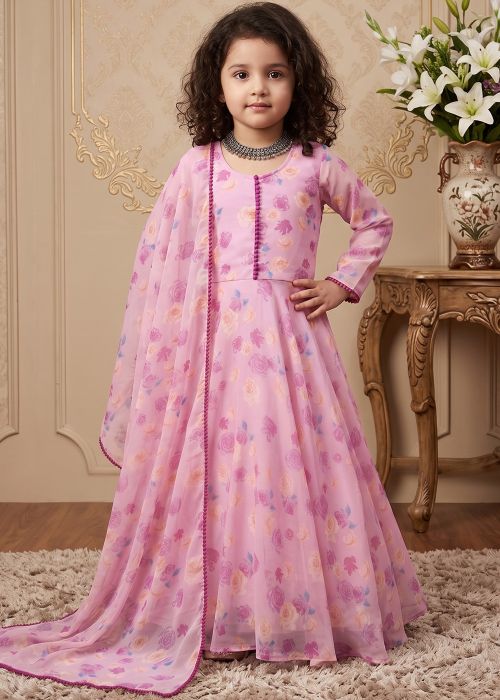 Pink Floral Print Kids Anarkali Set