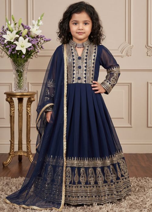 Navy Blue Zari Embroidered Kids Anarkali