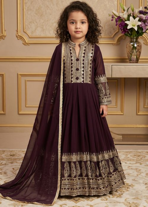 Purple Zari Work Kids Anarkali Set
