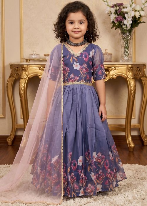Lavender Floral Print Kids Anarkali Suit