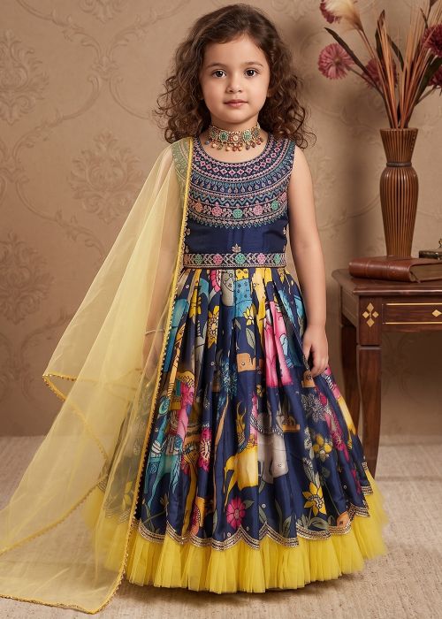 Navy Blue Printed Kids Anarkali Set