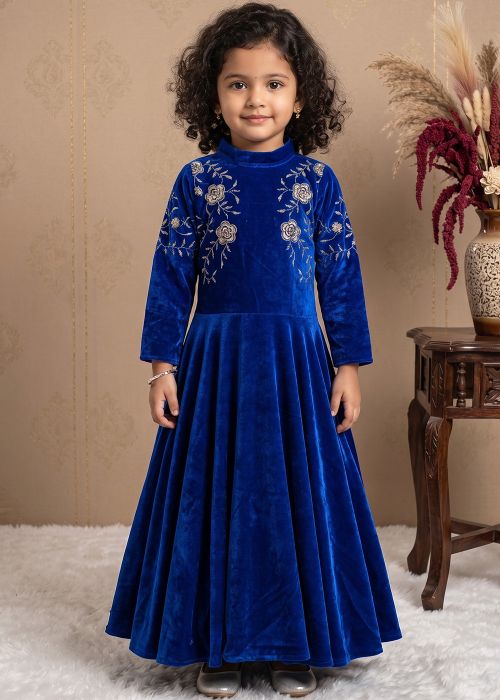 Royal Blue Velvet Kids Gown In Embroidery