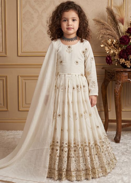 Cream Floral Embroidered Kids Anarkali Set