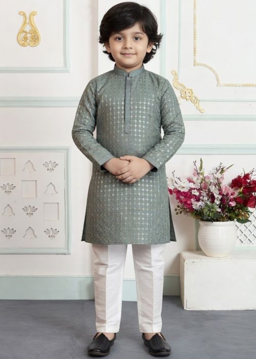Sage Green Printed Kids Kurta Pajama Set
