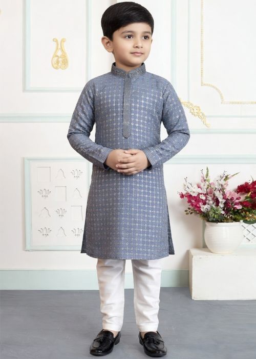 Grey Kids Sequins Art Silk Kurta Pajama