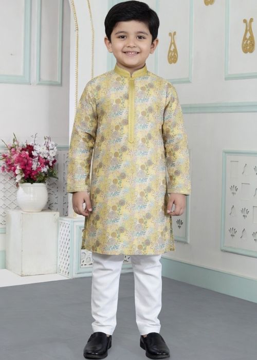 Kids Pastel Yellow Printed Kurta Pajama Set