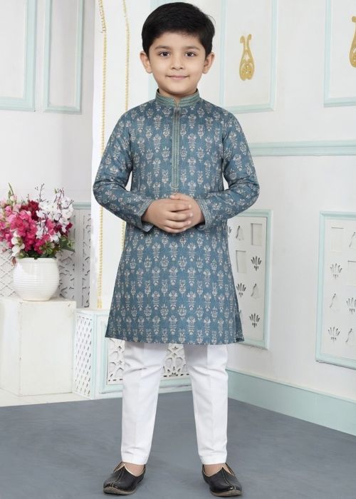 Steel Blue Digital Print Kids Kurta Pajama