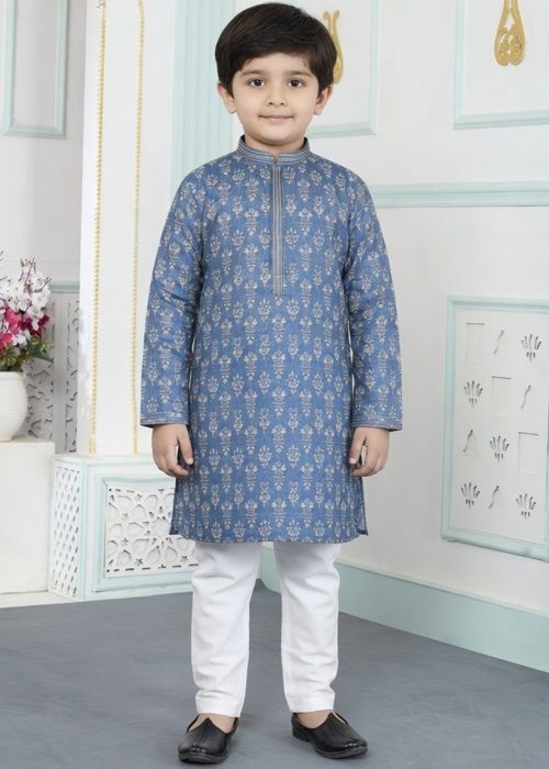 Blue Printed Kids Art Silk Kurta Pajama