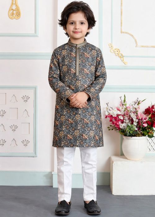 Kids Dark Grey Print Kurta Pajama Set