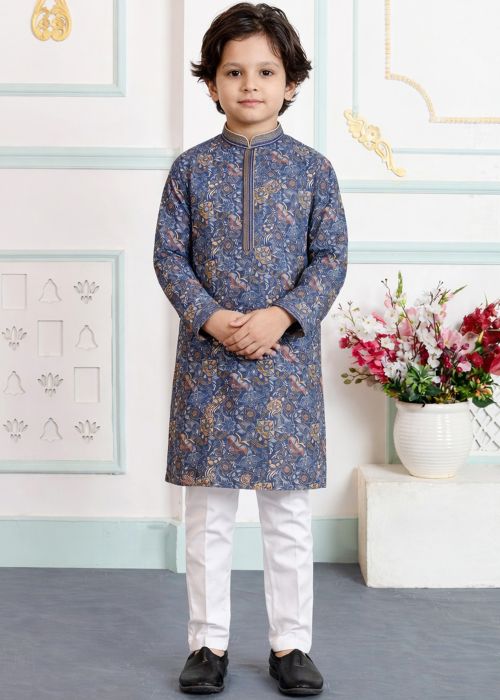 Navy Blue Kids Print Kurta Pajama Set