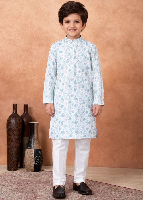 Sky Blue Floral Print Kids Kurta Pajama