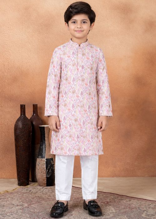 Kids Blush Pink Printed Art Silk Kurta Pajama