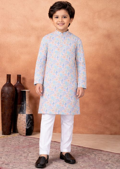 Pastel Blue Digital Print Kids Kurta Pajama