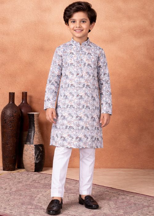 Kids Off White Digital Print Kurta Pajama
