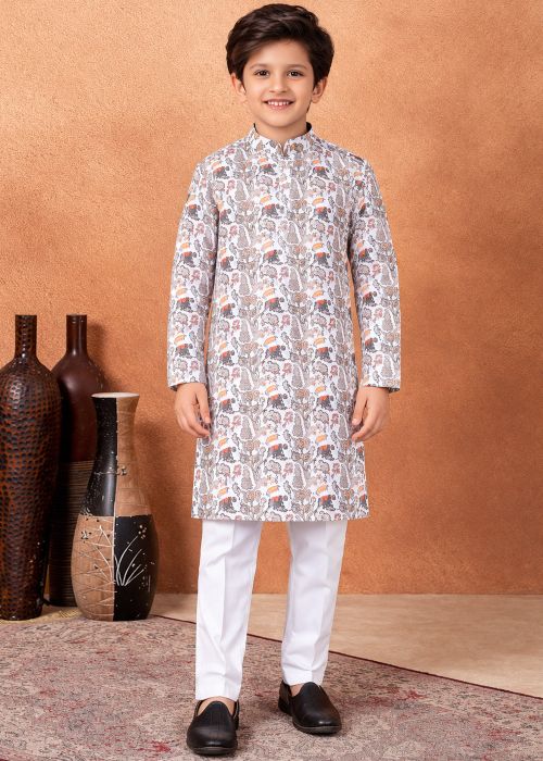 Off White Paisley Print Kids Kurta Pajama