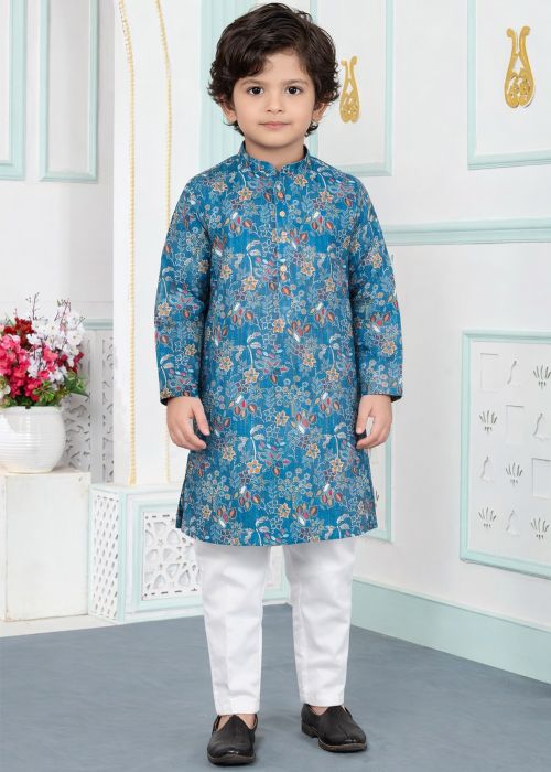 Teal Blue Floral Print Kids Kurta Pajama
