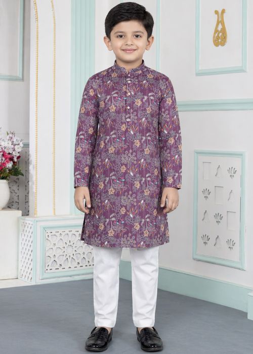 Purple Kids Floral Art Silk Kurta Pajama