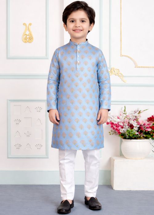 Sky Blue Floral Art Silk Kids Kurta Pajama