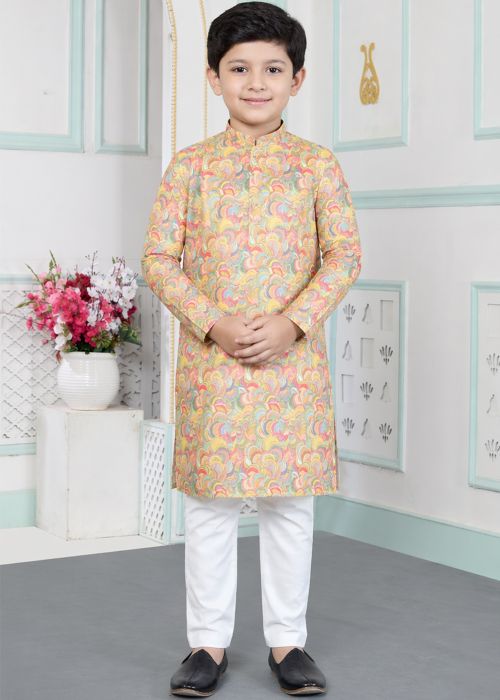 Yellow Abstract Print Kids Kurta Pajama