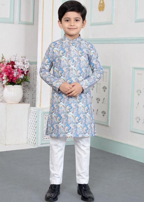 Blue Paisley Print Art Silk Kids Kurta Pajama