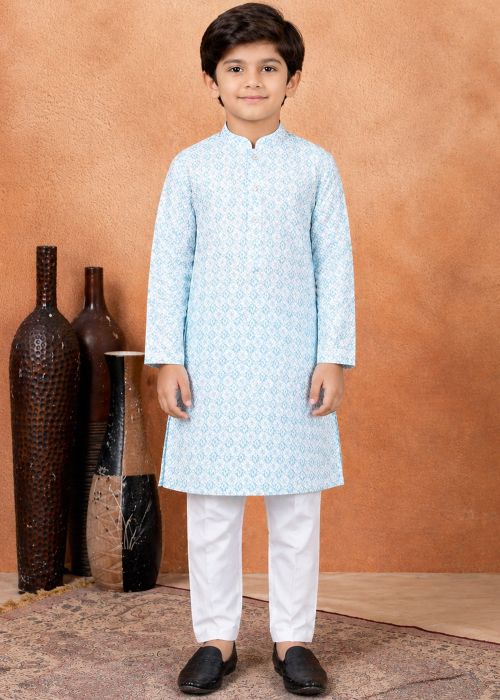 Powder Blue Printed Kids Kurta Pajama