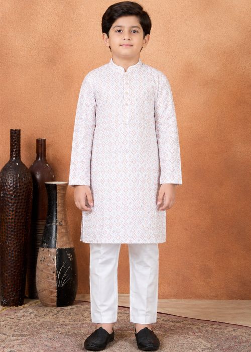 Off White Print Kids Kurta Pajama