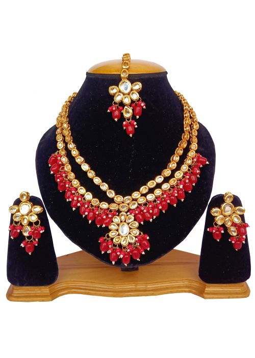 Red Alloy Based Festive Necklace And Earrings Set
