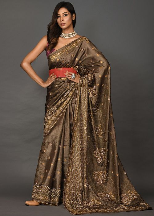 Brown Embroidered Art Silk Saree With Blouse