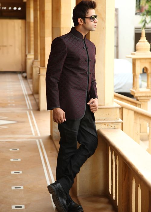 Magenta Woven Brocade Mandarin Suit