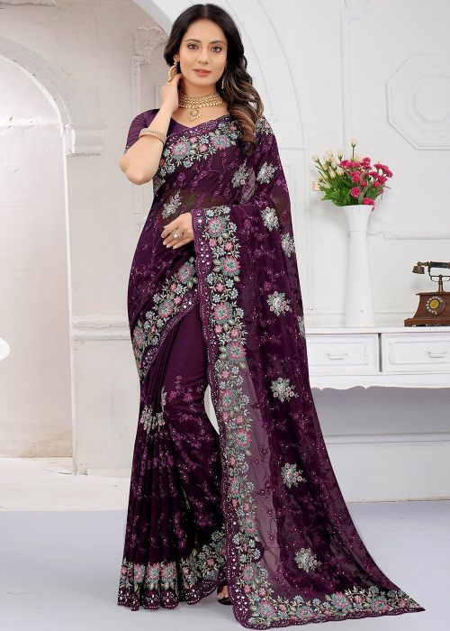 Purple Floral Embroidered Georgette Saree